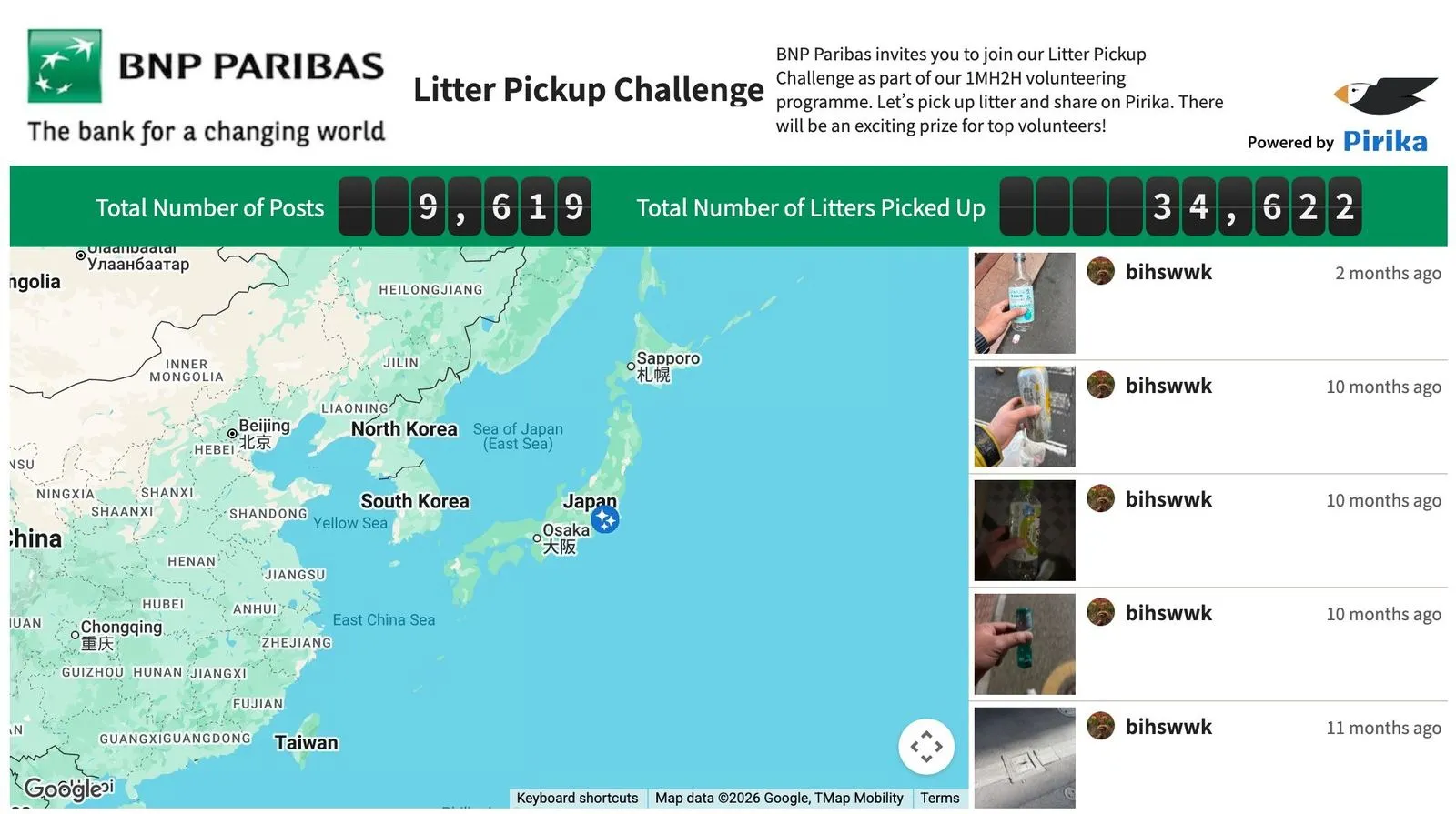 Example visualization page (BNP Paribas Litter Pickup Challenge): total posts, litter picked up, activity map and latest posts